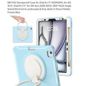 BATYUE Shockproof iPad Air Pro 11” Case 360° Stand Ring Grip Pencil Holder Blue